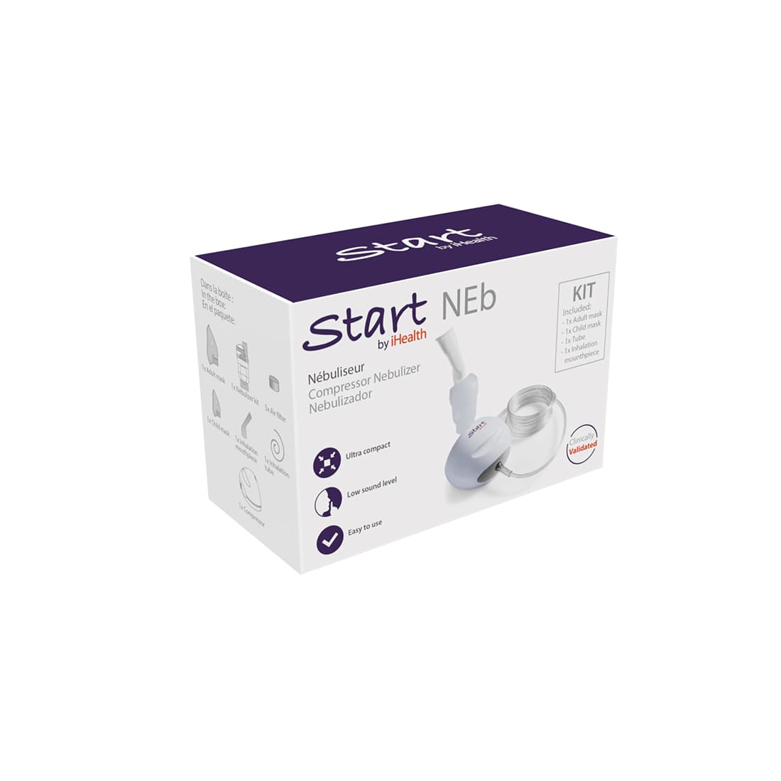 Компактный компрессорный небулайзер, iHealth, NEb NB-218C EU, Давление 100kPa, Ряд свободного течения: 4Л/мин, Емкость 10мл, Скорость распыления 0,2 мл/мин
