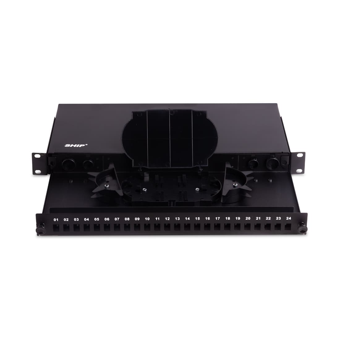 Оптический кросс, SHIP, F-M1, 19" (1U), 24 Порта SC, Simplex, LC Duplex, Без адаптеров, Чёрный