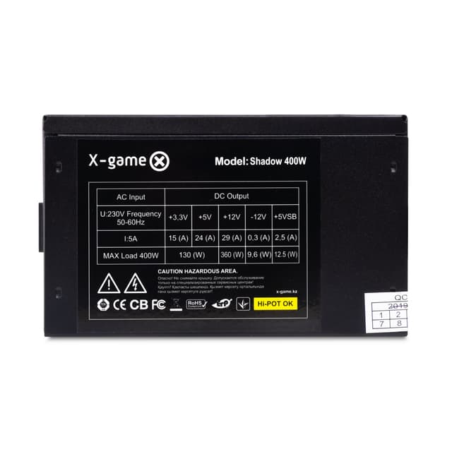 Блок питания, XG, Shadow 400W, 400W, ATX, 20+4pin, 4pin, 3*Sata, 2*Molex, 1*PCI-E 6pin, Вентилятор 12 см, Кабель питания