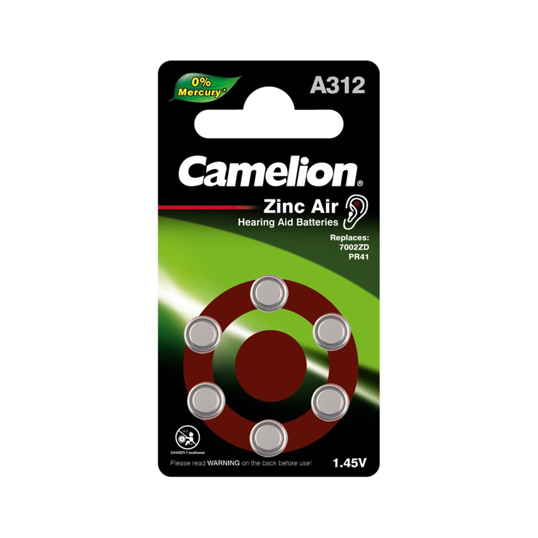 Батарейка, CAMELION, A312-BP6(0%Hg) , Zinc Air, A312, 1.45V, 0% Ртути, 6 шт., Блистер