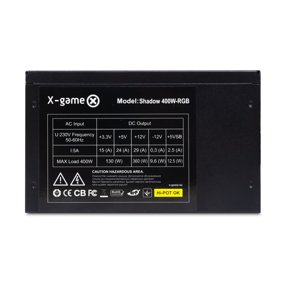 Блок питания, XG, Shadow 400W-RGB, 400W, ATX, 20+4pin, 4pin, 3*Sata, 2*Molex, 1*PCI-E 6pin, Вентилятор 12 см, RGB подсветка, Кабель питания