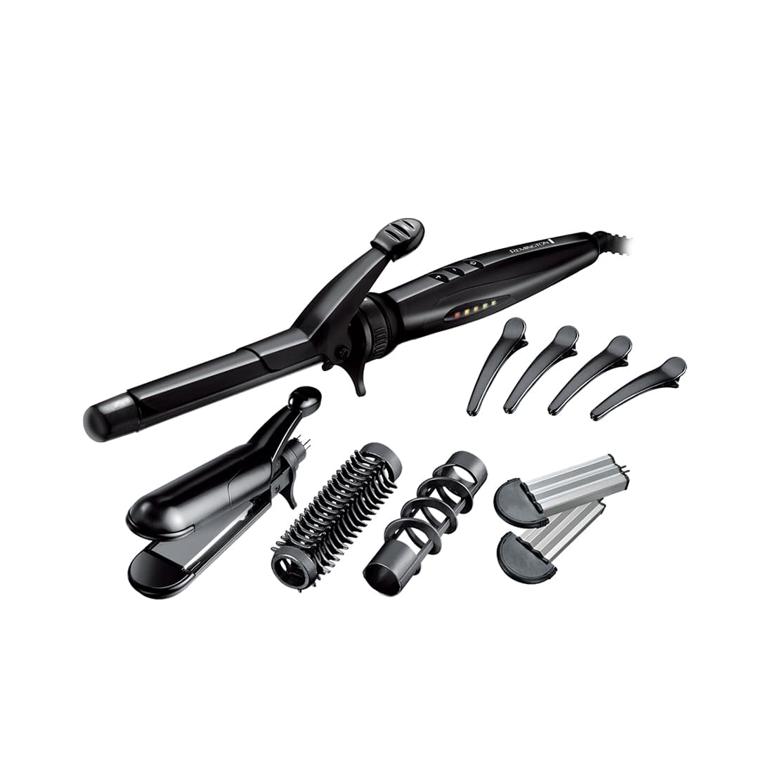 Мультистайлер, Remington, S8670, 25W, Диаметр щипцов 19мм, Диапазон температуры нагрева 110-190 °С, Насадки 5 шт, Длина шнура 180 см, Черный