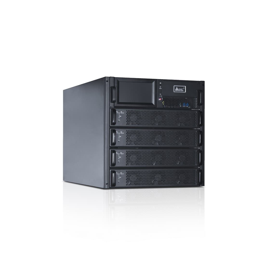 Источник бесперебойного питания, SVC, RM040/10X, 40кВа/40кВт., Тип: модульный, Высота 1.1м., Укомплектован 4 модулями по 10кВт(PM10X), Холодный старт, Горячая замена модулей, 3 фазы на вход/3 фазы на выход, Коэффициент мощности 1