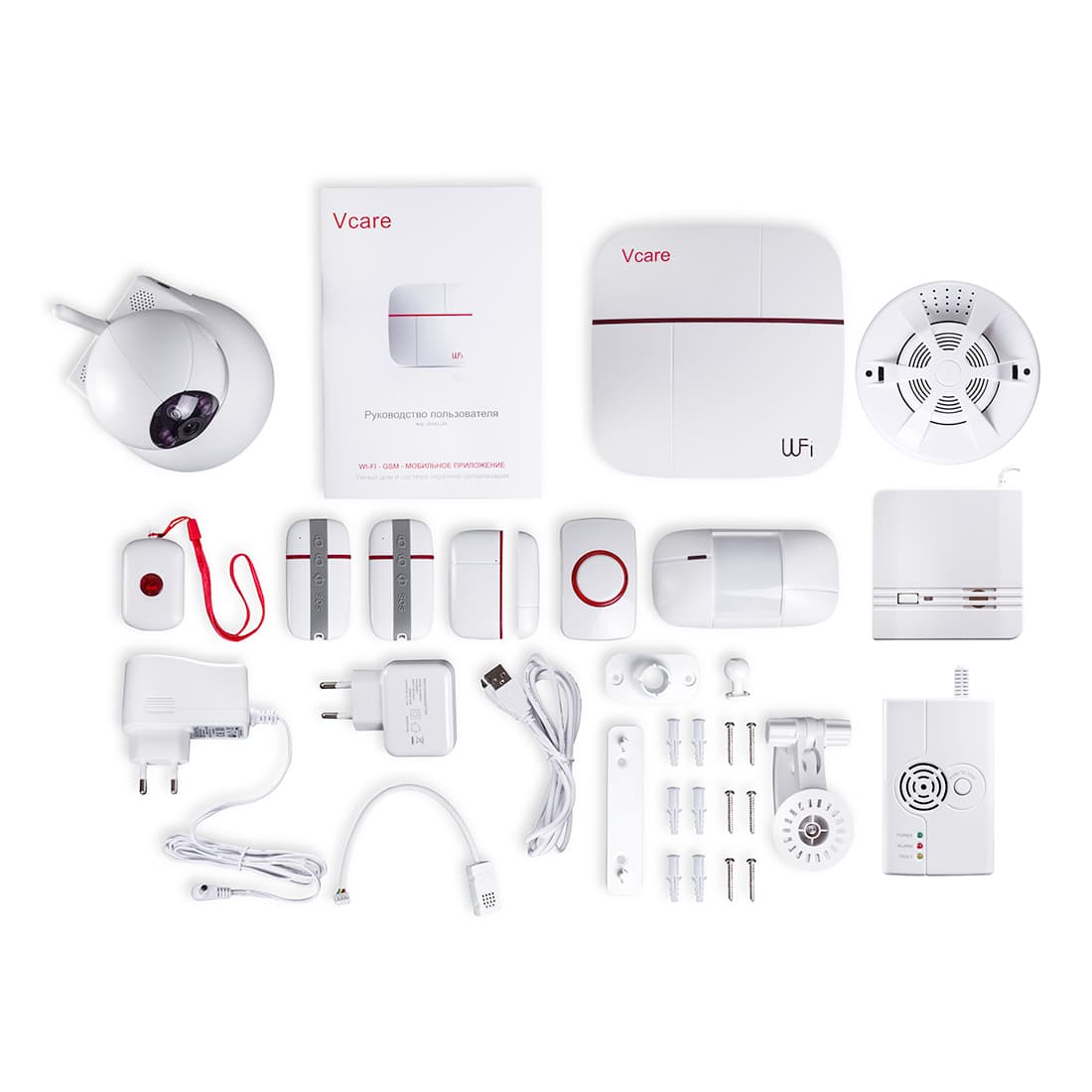 Беспроводной комплект системы безопасности, Patrol Hawk, C V-care (Премиум), Wi-Fi, GSM, 1x цент. панель, 1x дат. движения, 1x дат. размыкания, 2x пульт управления, 1x IP камера, 1x кнопка вызова, 1x дат. дыма, 1x дат. газа, 1x дат. воды, IOS и Andro