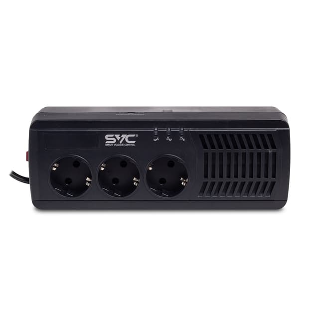 Стабилизатор (AVR), SVC, AVR-1005-U, Мощность 600ВА/300Вт, Диапазон работы AVR: 176-273В, Тип выходных разъёмов: Schuko х 3 шт., LED-индикаторы, Чёрный