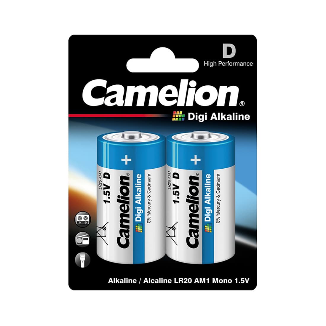 Батарейка, CAMELION, LR20-BP2DG, Digi Alkaline, D, 1.5V, 20000 mAh, 2 шт., Блистер
