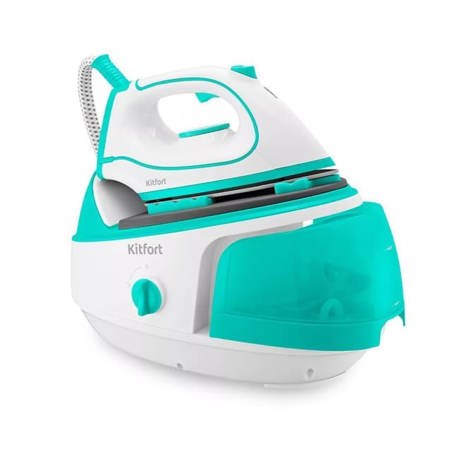 Гладильная система, Kitfort, KT-9120-3, 4 температурных режима, Подача пара 33 г/мин, Давление 1.5 бар, Время нагрева 2 мин, Объем 800 мл, Вертикальное отпаривание, Длина шланга 2м, Мощность 1450 Вт, Бело-бирюзовый