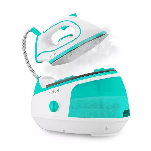 Гладильная система, Kitfort, KT-9120-3, 4 температурных режима, Подача пара 33 г/мин, Давление 1.5 бар, Время нагрева 2 мин, Объем 800 мл, Вертикальное отпаривание, Длина шланга 2м, Мощность 1450 Вт, Бело-бирюзовый