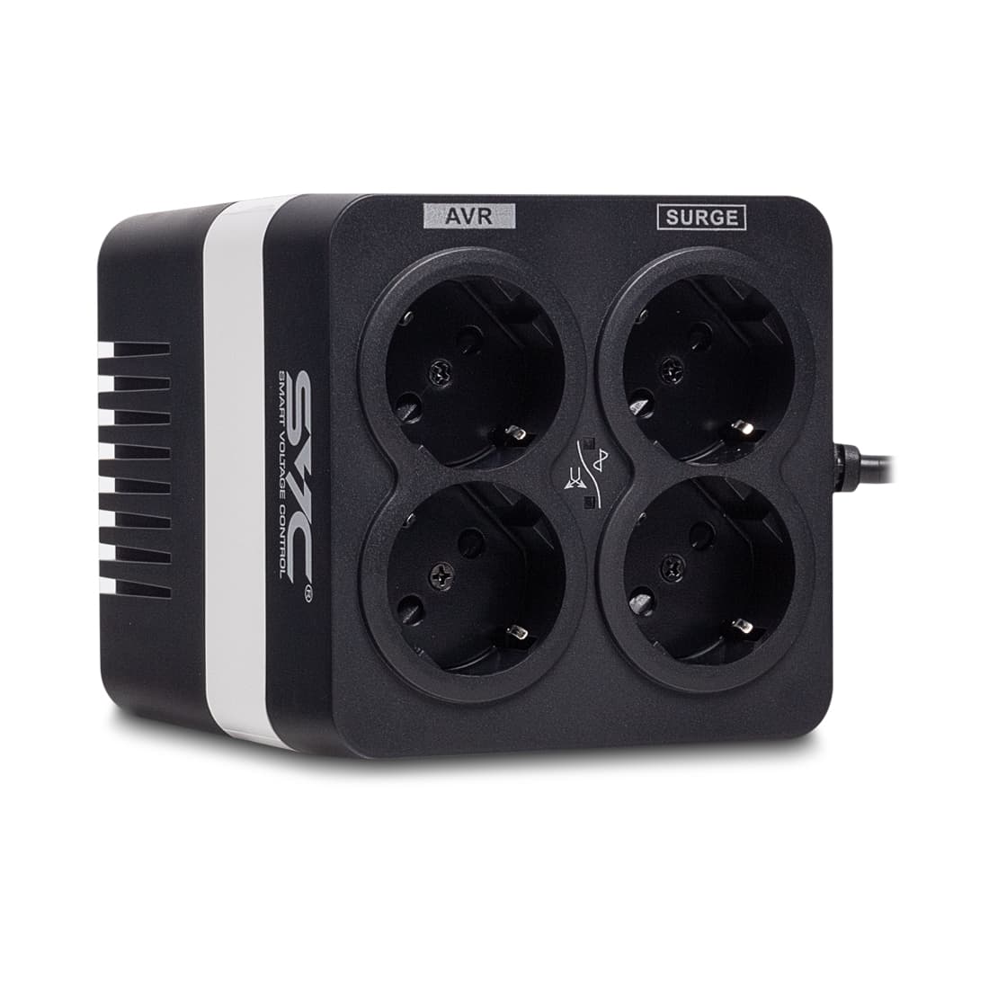 Стабилизатор (AVR), SVC, AVR-1008-U, Мощность 1000ВА/500Вт, Диапазон работы AVR: 176-273В, Тип выходных разъёмов: Schuko х 4 шт., LED-индикаторы, Чёрный