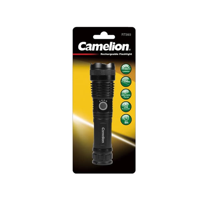 Алюминиевый перезаряжаемый фонарик, Camelion, RT393-TB, 1x20 Вт светодиод, литий-ионный аккумулятор, 1200 Лм, чёрный