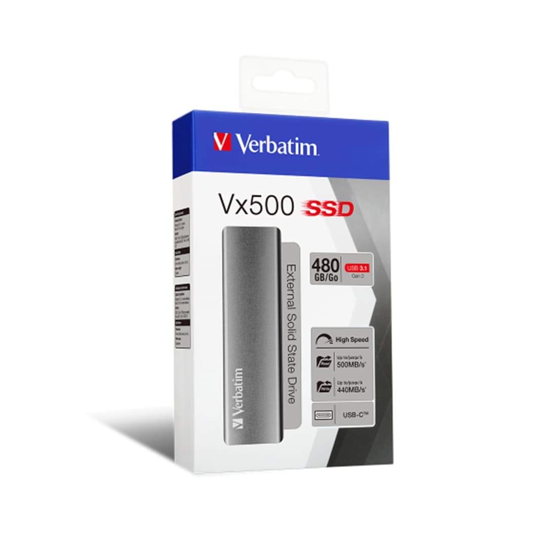Внешний SSD диск, Verbatim, VX500, 47443, 480GB, Type-C и Type-A, Серый