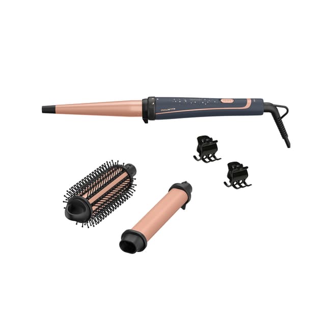 Мультистайлер, Rowenta, CF4211F0, 3 насадки, Диаметр 32мм, Макс темп 190С, Керамическое покрытие, Автоотключение, Длина шнура 1.8м, Мощность 35 Вт, Синий/Бронзовый