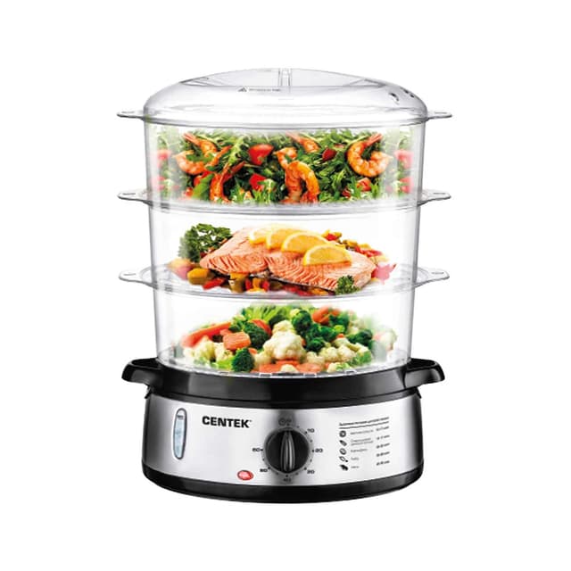 Пароварка, Centek, CT-1457, Объем 9л, 800Вт, Стальной корпус, Таймер 60 мин, 3 контейнера