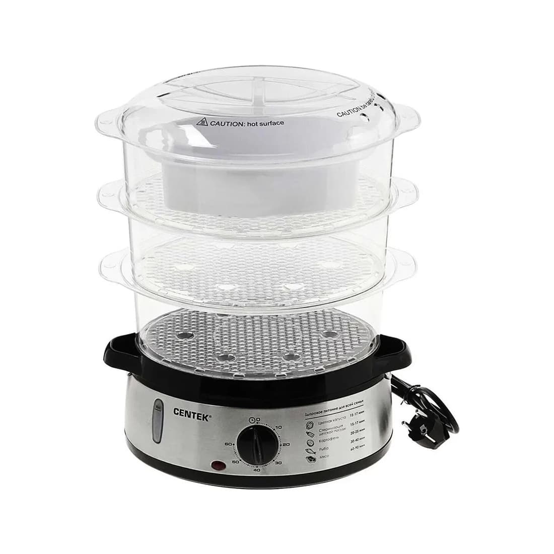 Пароварка, Centek, CT-1457, Объем 9л, 800Вт, Стальной корпус, Таймер 60 мин, 3 контейнера