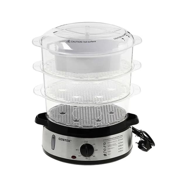 Пароварка, Centek, CT-1457, Объем 9л, 800Вт, Стальной корпус, Таймер 60 мин, 3 контейнера