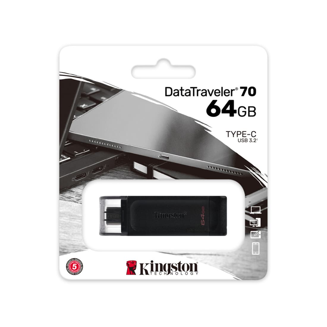 USB-накопитель, Kingston, DT70/64GB, 64GB, Type-C, USB 3.2, Чёрный