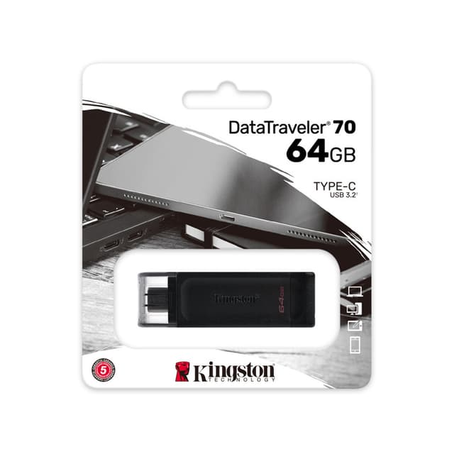 USB-накопитель, Kingston, DT70/64GB, 64GB, Type-C, USB 3.2, Чёрный