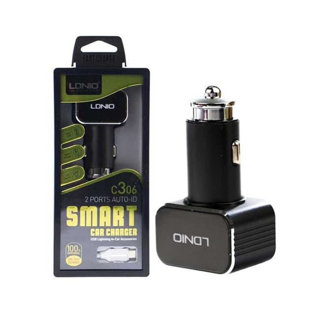 Автомобильное зарядное устройство, LDNIO, C306, 2*USB-A, 18W, 5V-3.6A Auto-Max, Кабель Lightning (Iphone) 1м, Чёрный
