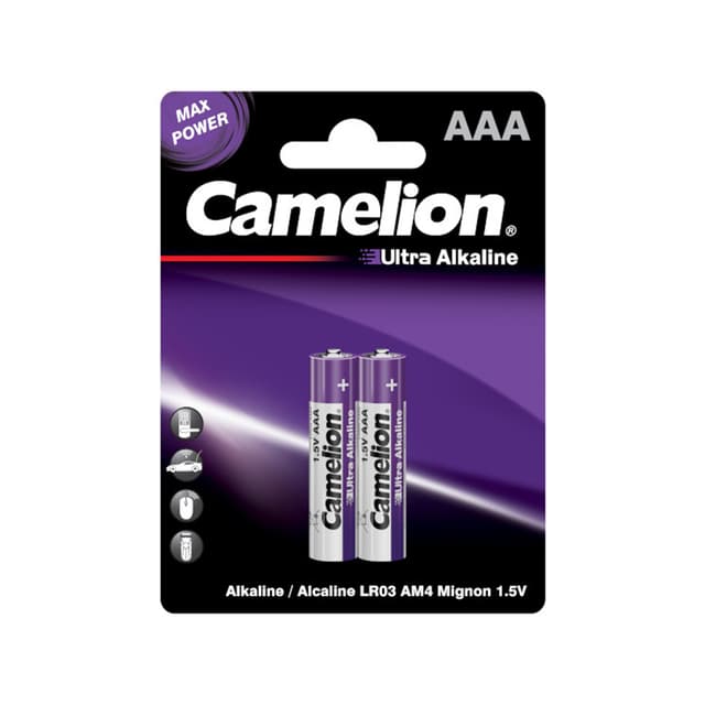 Батарейка, CAMELION, LR03-BP2UT, Ultra Alkaline, AAA, 1.5V, 1150 mAh, 2 шт в блистере