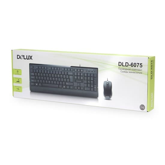 Комплект Клавиатура + Мышь, Delux, DLD-6075OUB, Оптическая Мышь, 1000DPI, USB, Кол-во стандартных клавиш 104, Анг/Рус/Каз, Длина кабеля 1,6 метра, Чёрный