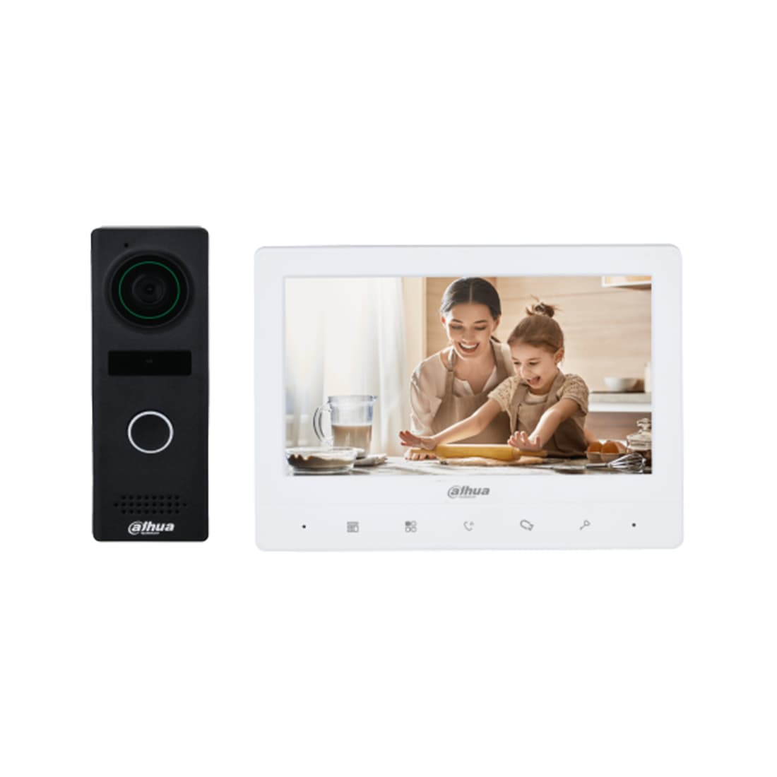 Домофонная система, Dahua, DHI-KTA02M, Видеодомофон-комплект. Экран TFT 7". Функции видеодомофонии: разблокировка, голосовой звонок, видеозвонок, регулировка громкости, видеонаблюдение перед дверью. Количество видеоинтеркомов: 2 дверные станции + 3 монитора. Различные звуки звонка. Поддержка цифрового широкого динамического диапазона (DWDR