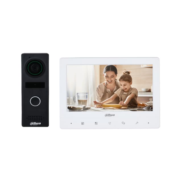 Домофонная система, Dahua, DHI-KTA02M, Видеодомофон-комплект. Экран TFT 7". Функции видеодомофонии: разблокировка, голосовой звонок, видеозвонок, регулировка громкости, видеонаблюдение перед дверью. Количество видеоинтеркомов: 2 дверные станции + 3 монитора. Различные звуки звонка. Поддержка цифрового широкого динамического диапазона (DWDR