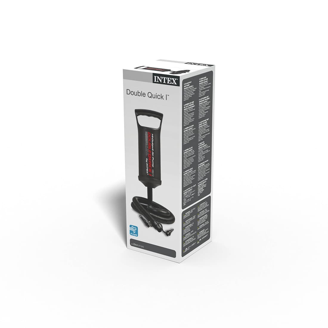 Насос ручной Double Quick I Hand Pump 29 см., INTEX, 68612, Пластик, Шланг 0.8м., 3 насадки, Объем камеры 0.9 л., Черный, Цветная коробка