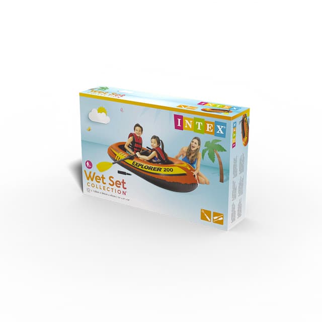 Лодка надувная Exlorer 200 set 185 х 94 см, INTEX, 58331NP, Винил, 6+, Двухкамерная, Грузоподъемность до 95 кг., В наборе весла 59623 и насос 68613, Оранжевая, Цветная коробка