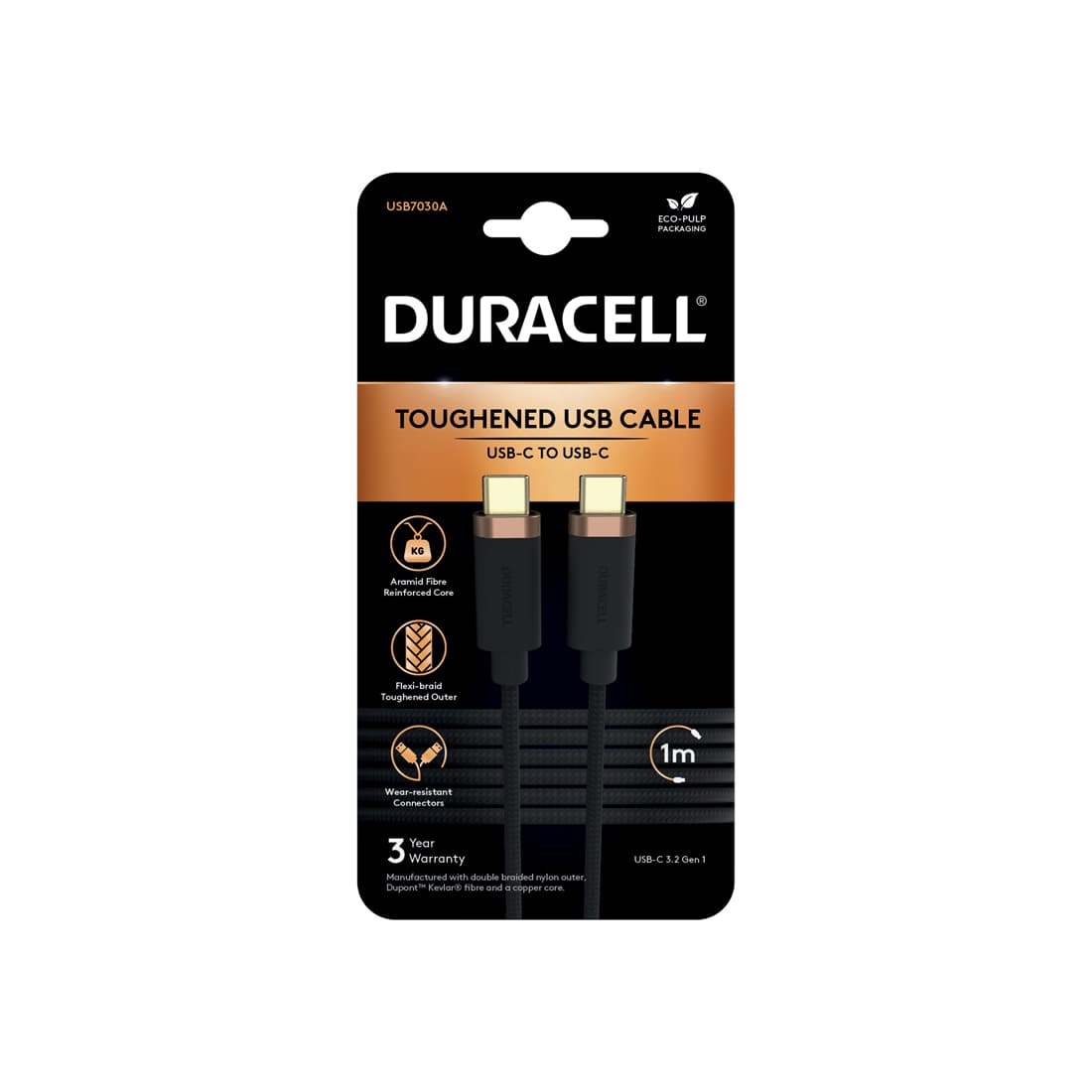 Интерфейсный кабель, Duracell, USB7030A, USB-C на USB-C, Кевлар, 3A/21.5V, Скорость передачи данных 5Gbps, USB 3.2, 1 м, Чёрный