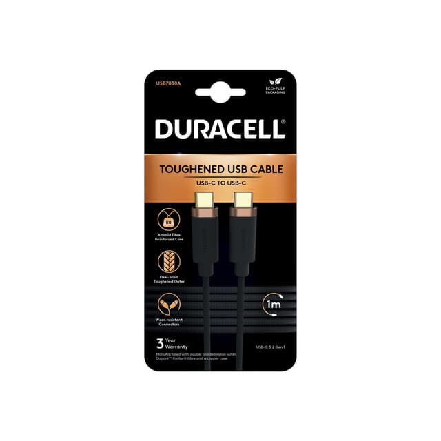 Интерфейсный кабель, Duracell, USB7030A, USB-C на USB-C, Кевлар, 3A/21.5V, Скорость передачи данных 5Gbps, USB 3.2, 1 м, Чёрный
