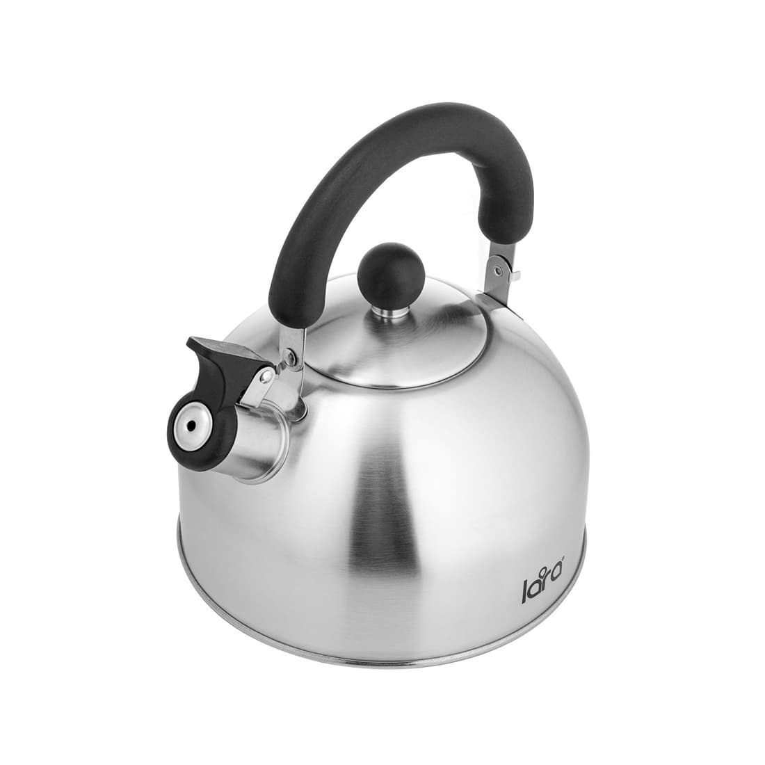 Чайник, LARA, LR00-40, матовый, Объем 2.5л, Нержавеющая сталь, Индукционное дно, Толщина стенок 0.35мм, Свисток, Складная ручка, Стальной/Черный