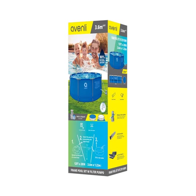 Каркасный бассейн 360 x 100 см, Avenli, 12328EU, Винил, 8812 л., Стальной каркас, Ф-насос, Картридж, Лестница, Синий, Цветная коробка
