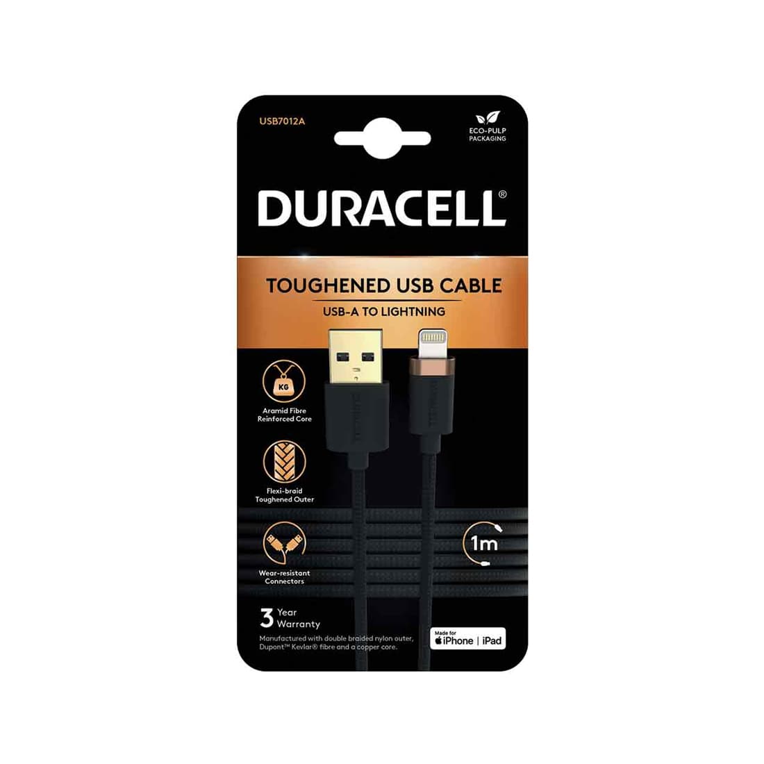 Интерфейсный кабель, Duracell, USB7012A, USB-A на Lightning, MFI, Кевлар, 3A/5V, Скорость передачи данных 480 Мбит/с, 1 м, Чёрный