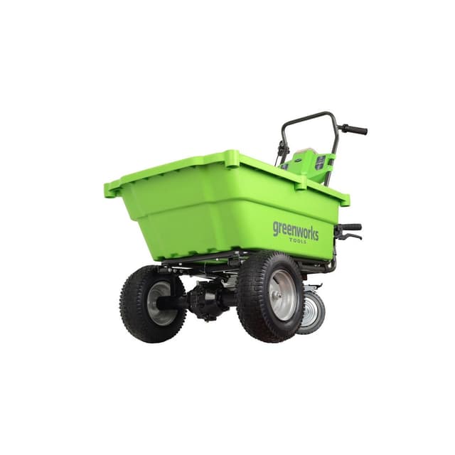 Садовая тележка самоходная, Greenworks, G40GCK4(7400007UBRU), 40V, 106 л, с 1хАКБ 4 Ач и ЗУ, Щеточный двигатель, Максимальная грузоподъемность 100 кг, Объем кузова 106 л, Две скорости вперед 3 км/ч и 4,2 км/ч, Задняя скорость 2,4 км/ч, Черный/зелёный