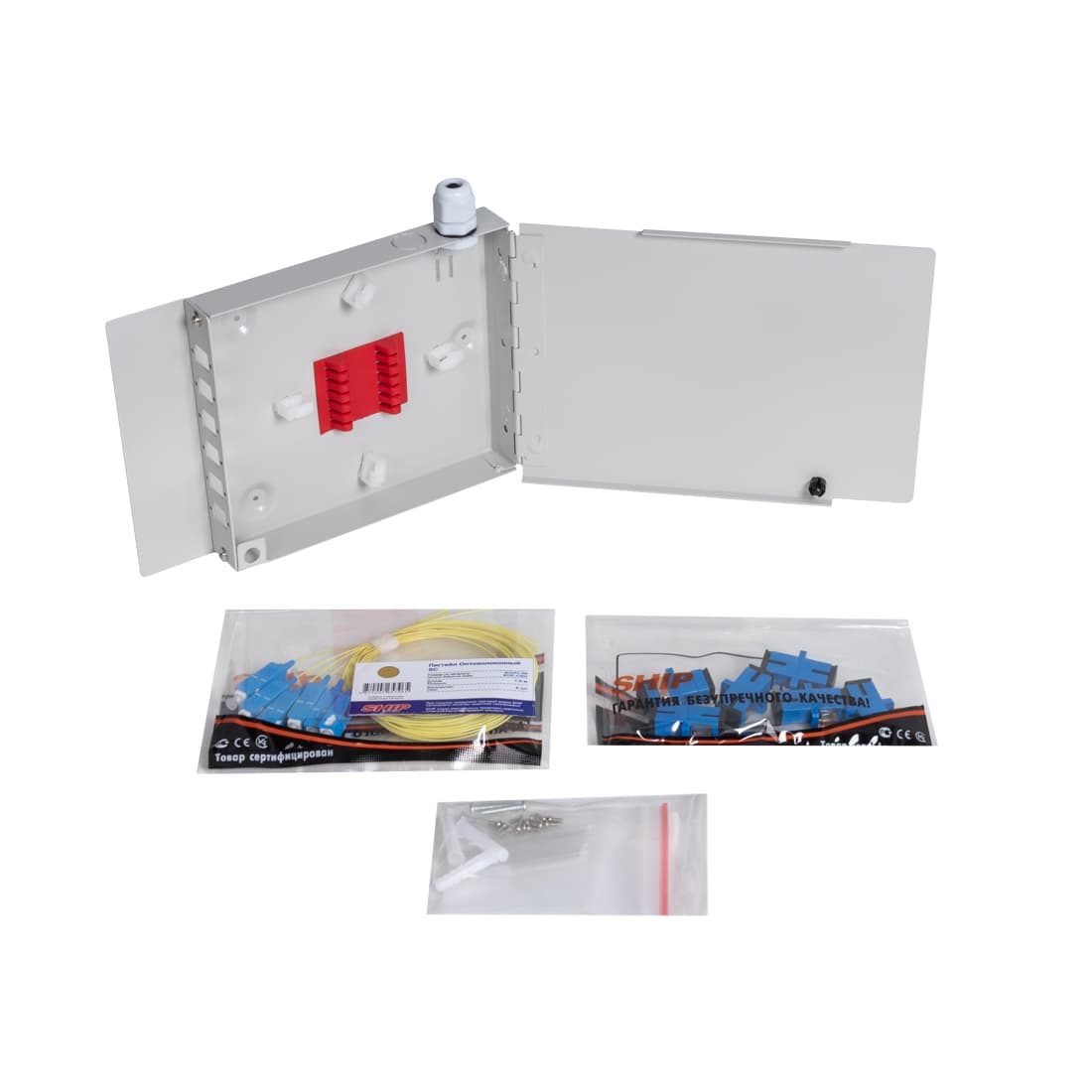 Оптический кросс укомплектованный, А-Оптик, АО-106 на 6 портов, SC/UPC Simplex, Металлический, Настенный, Серый