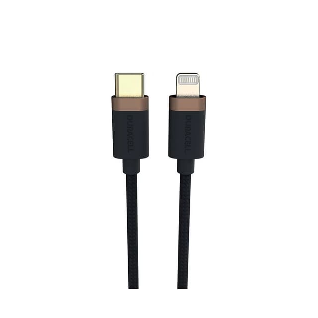 Интерфейсный кабель, Duracell, USB9012A, USB-C на Lightning, MFI, Кевлар, 3A/21.5V, Скорость передачи данных 480 Мбит/с, 1 м, Чёрный