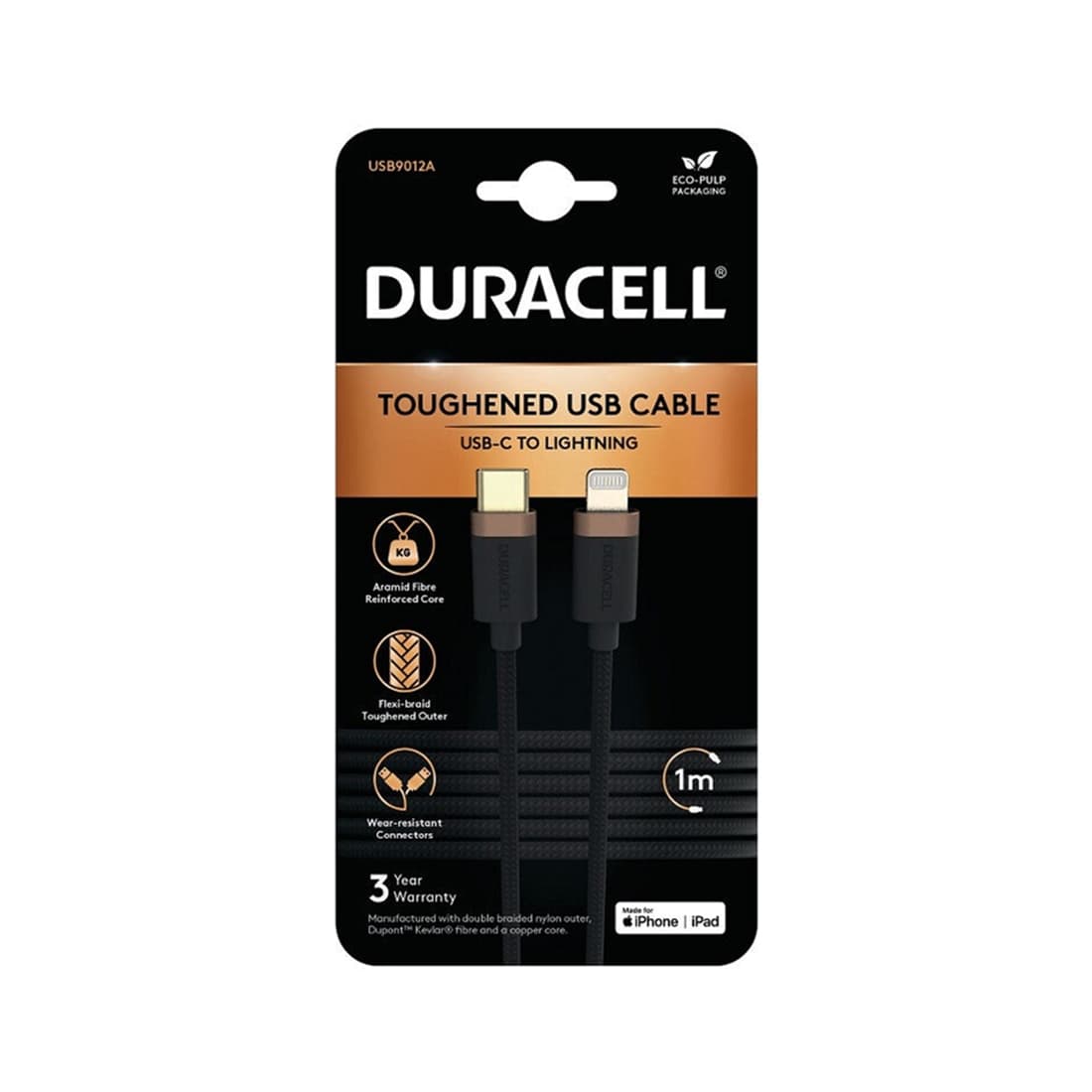 Интерфейсный кабель, Duracell, USB9012A, USB-C на Lightning, MFI, Кевлар, 3A/21.5V, Скорость передачи данных 480 Мбит/с, 1 м, Чёрный
