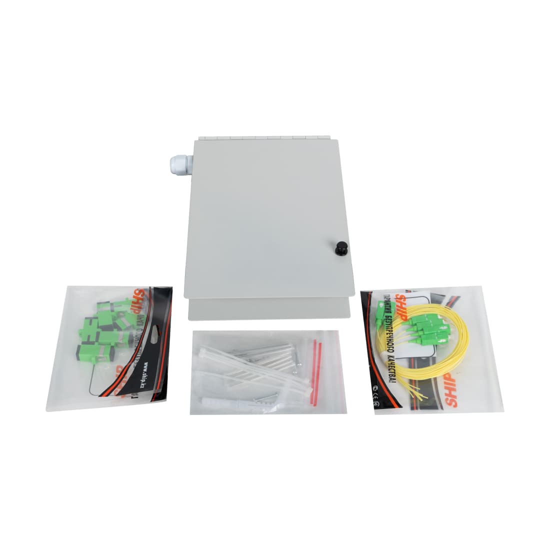 Оптический кросс укомплектованный, А-Оптик, АО-106 на 6 портов, SC/APC Simplex, Металлический, Настенный, Серый