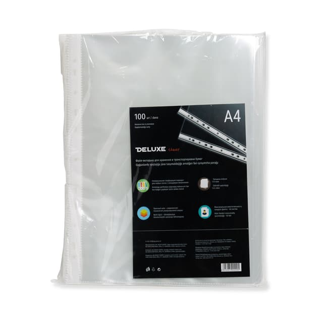 Файл-вкладыш пластиковый, Deluxe, Clear A4100M, A4, прозрачный, 100 мкм. (пакет 100 шт.)