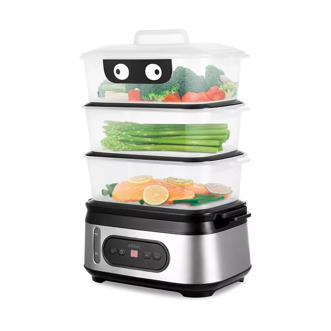 Пароварка, Kitfort, КТ-4082, Мощность 950 Вт, Объем 3 л, Общий объем 9 л, 3 яруса, Таймер 12 ч, Длина шнура 0.7 м, Черный/Стальной