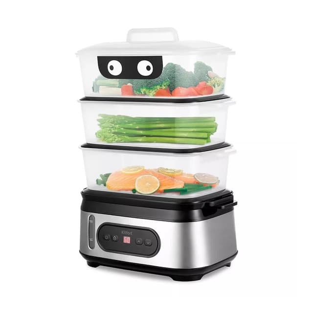 Пароварка, Kitfort, КТ-4082, Мощность 950 Вт, Объем 3 л, Общий объем 9 л, 3 яруса, Таймер 12 ч, Длина шнура 0.7 м, Черный/Стальной