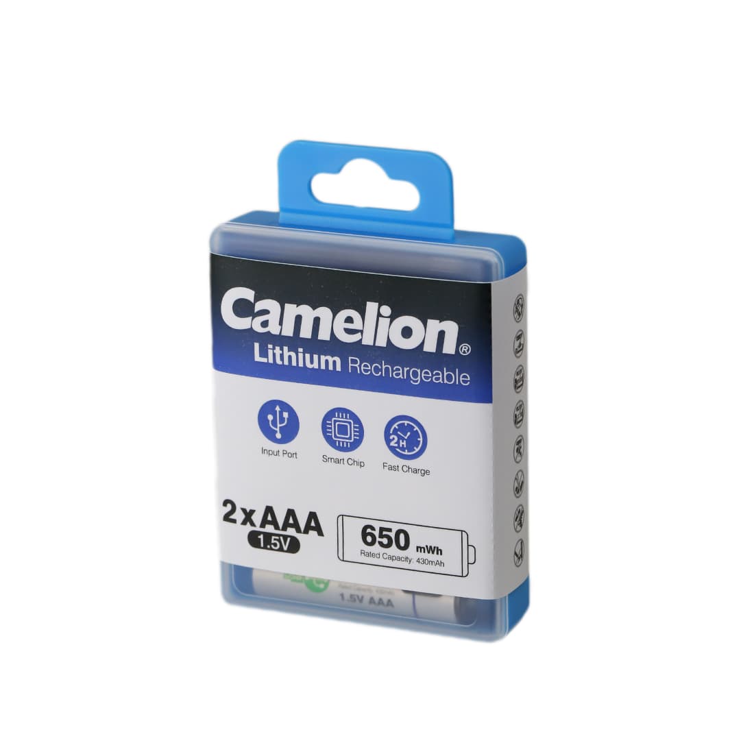 Аккумулятор, CAMELION, UB-AAA650-PBH2, Lithium, 2шт (перезаряжаемые от USB), AAA, 1,5V, 650 мАч, в пластиковом кейсе