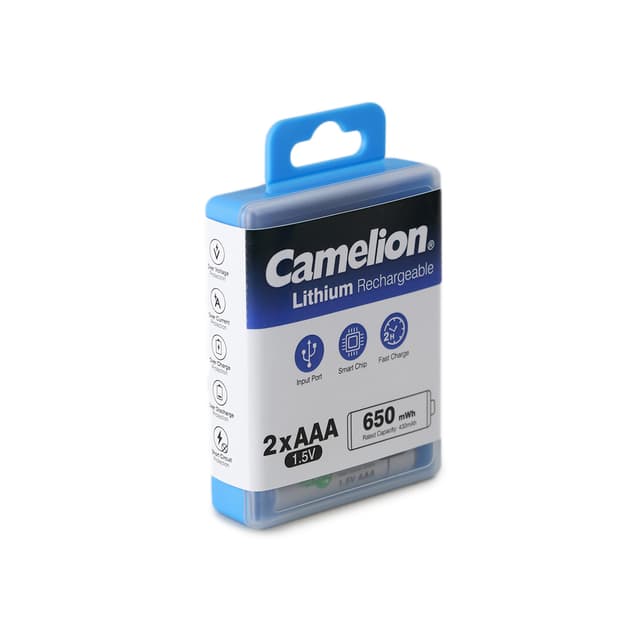 Аккумулятор, CAMELION, UB-AAA650-PBH2, Lithium, 2шт (перезаряжаемые от USB), AAA, 1,5V, 650 мАч, в пластиковом кейсе