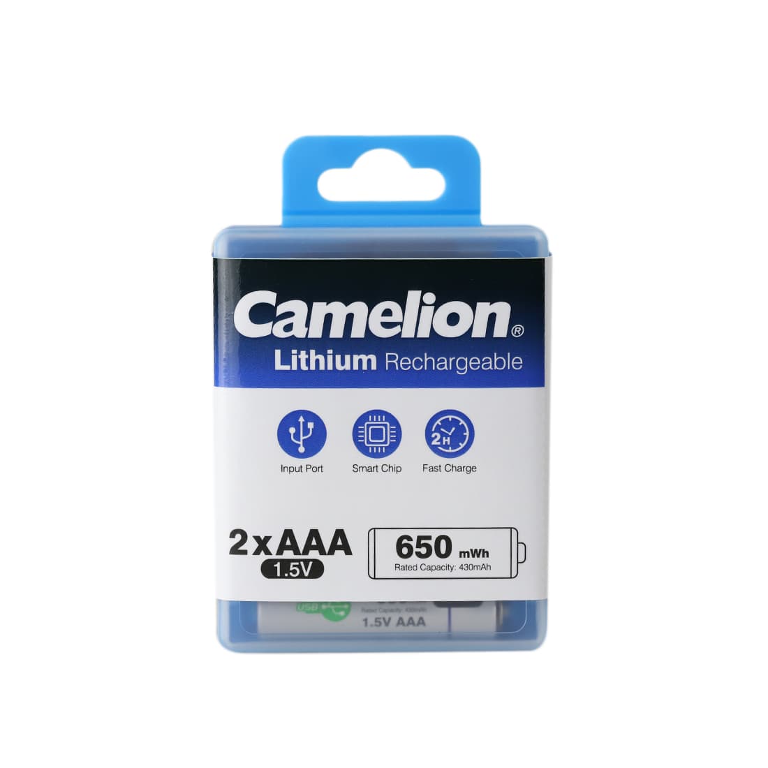 Аккумулятор, CAMELION, UB-AAA650-PBH2, Lithium, 2шт (перезаряжаемые от USB), AAA, 1,5V, 650 мАч, в пластиковом кейсе