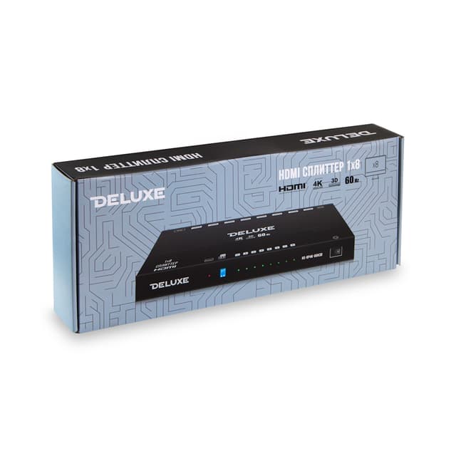 Сплиттер HDMI, DELUXE, HS8P4K60H3D, 8 портов, Разрешение 4К, Поддержка 3D, 1х8, 60Гц, 3 Вт, Чёрный, Цветная коробка
