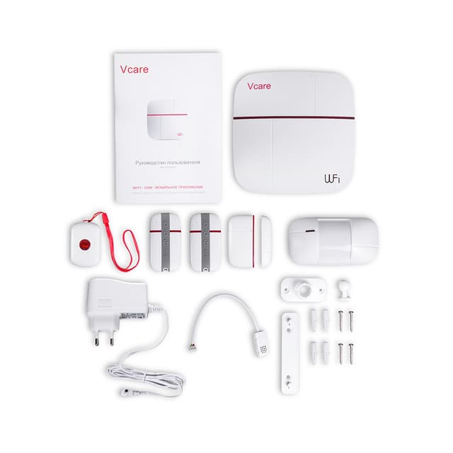 Беспроводной комплект системы безопасности, Patrol Hawk, A V-care (Стандарт), Wi-Fi, GSM, 1x панель сигнализации, 1x датчик движения, 1x датчик размыкания, 2x пульт управления, 1x кнопка вызова, 1x датчик температуры и влажности, IOS и Android