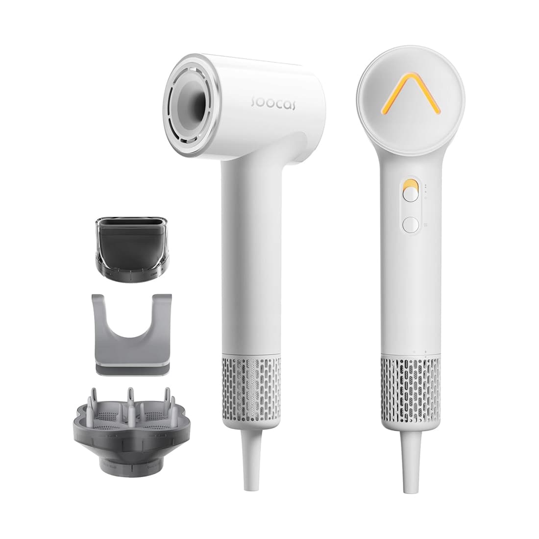 Фен для волос, Soocas, A1, Hair Dryer, 4 режима температуры, 2 режима потока воздуха, Световой индикатор температуры, скорость воздушного потока 62 м/с, 1600 Вт, Бесщеточный двигатель, Технология ионизации, 58 дБ, в комплекте (концентратор, диффузор, настенное крепление), Съемный фильтр, Белый