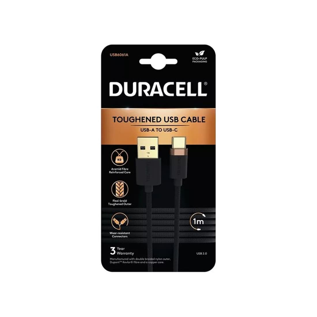 Интерфейсный кабель, Duracell, USB6061A, USB-A на USB-C, Кевлар, 3A/5V, Скорость передачи данных 480 Мбит/с, 1 м, Чёрный