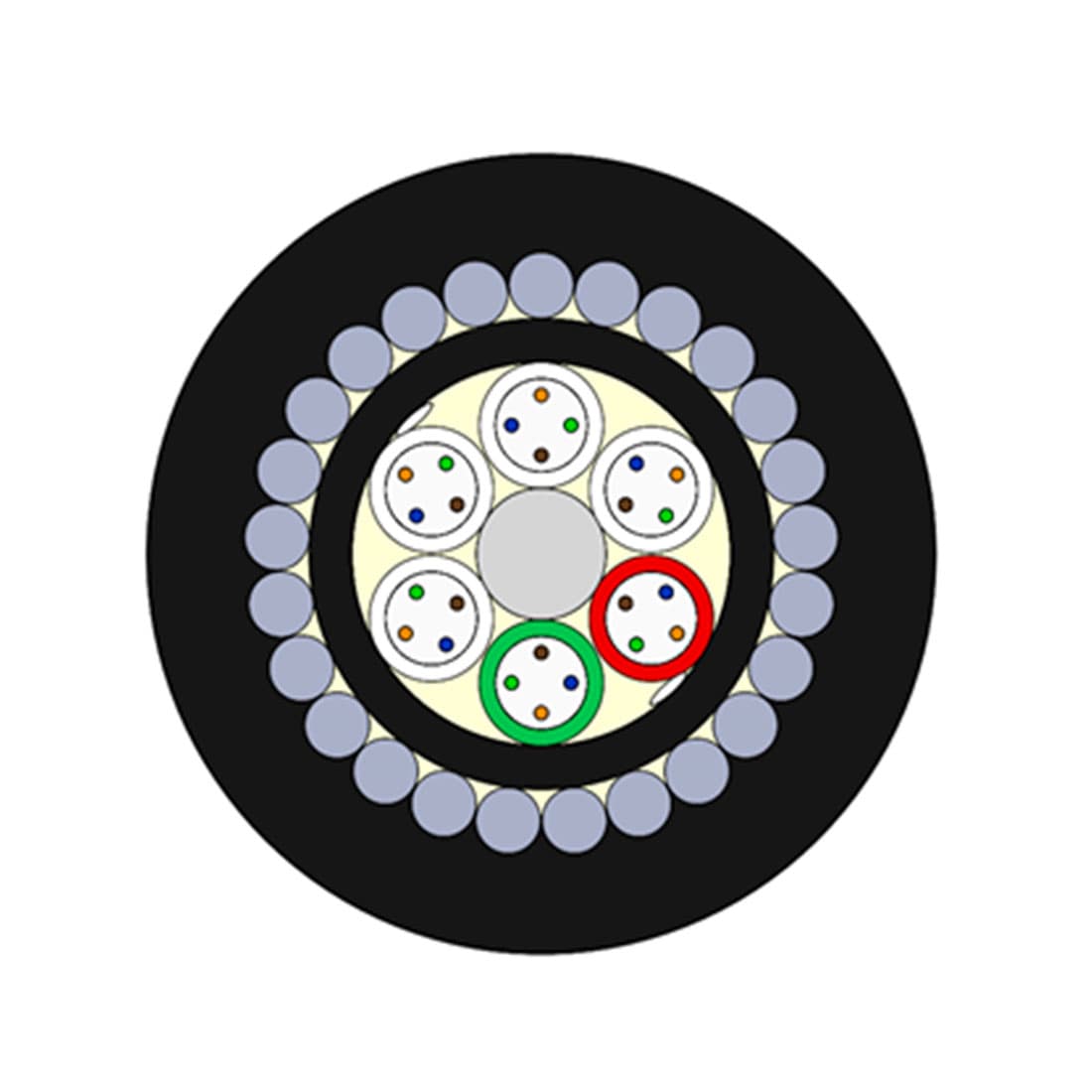 Кабель оптоволоконный, Белтелекабель, ОМЗКГМ-10-01-0,22- 8-8,0 кН, для прокладки в грунт в модульной конструкции, силовой элемент стеклопластиковый пруток и с броней из стальной оцинкованной проволокой