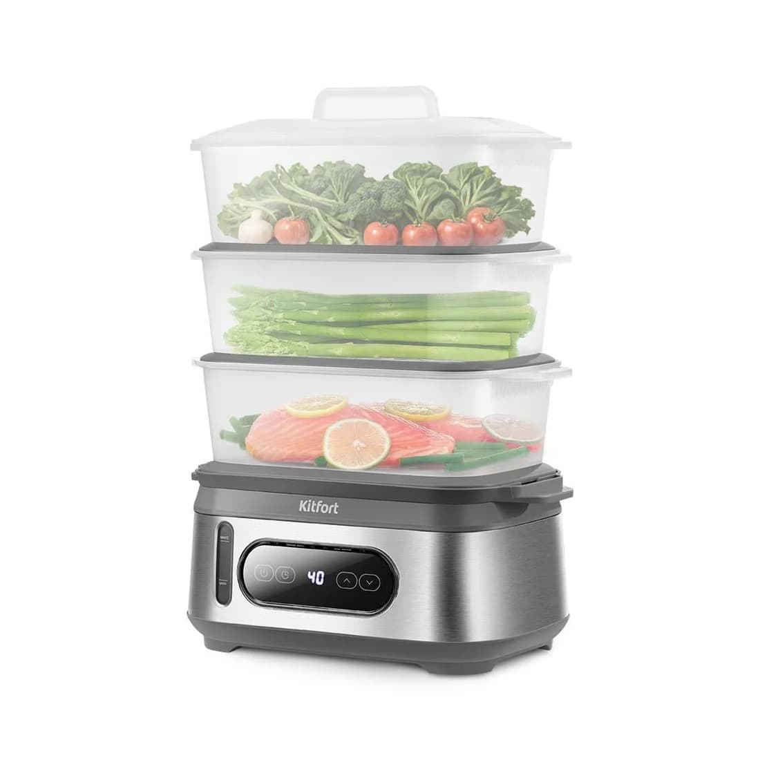 Пароварка, Kitfort, КТ-6280, 3 яруса, Объем корзин 9л, Объем резервуара для воды 1.5л, Время приготовления 90 мин, Отложенный старт 12ч, Электронное управление, Мощность 900-1050 Вт, Длина шнура 0.7м, Стальной
